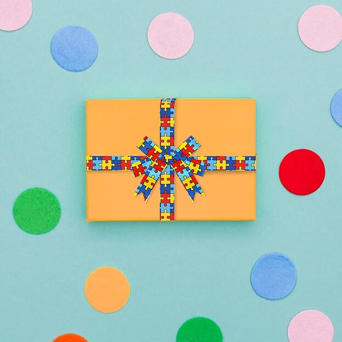 2 PCS Autism Awareness Grosgrain Ribbons 3/8" 3/4" Multi-Colored Jigsaw Puzzle Pieces Decor Ribbons 5 Yards, Autism Awareness Month Craft Ribbons for Gift Packaging Fundraising DIY Supplies