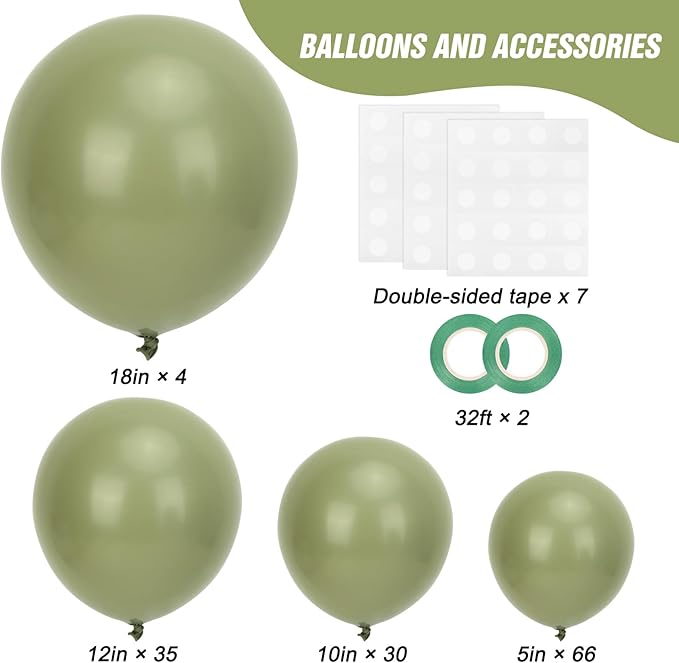 RUBFAC 135pcs Sage Green Balloons, Latex Olive Dusty Green Balloon Different Sizes 18 12 10 5 Inch for Garland Arch Birthday Party Graduation Baby Shower Wedding Safari Jungle Boho Decoration