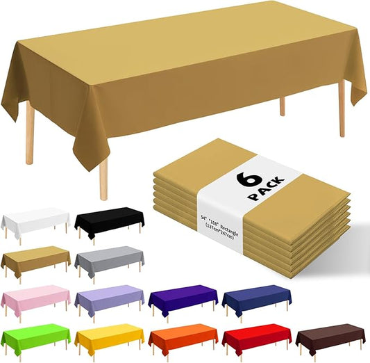 6 Pack Premium Disposable Plastic Tablecloth 54" x 108" Party Table Cloths Disposable for 6 to 8 Foot Tables Indoor or Outdoor Birthdays Weddings Christmas Anniversary Buffet Table (Gold)