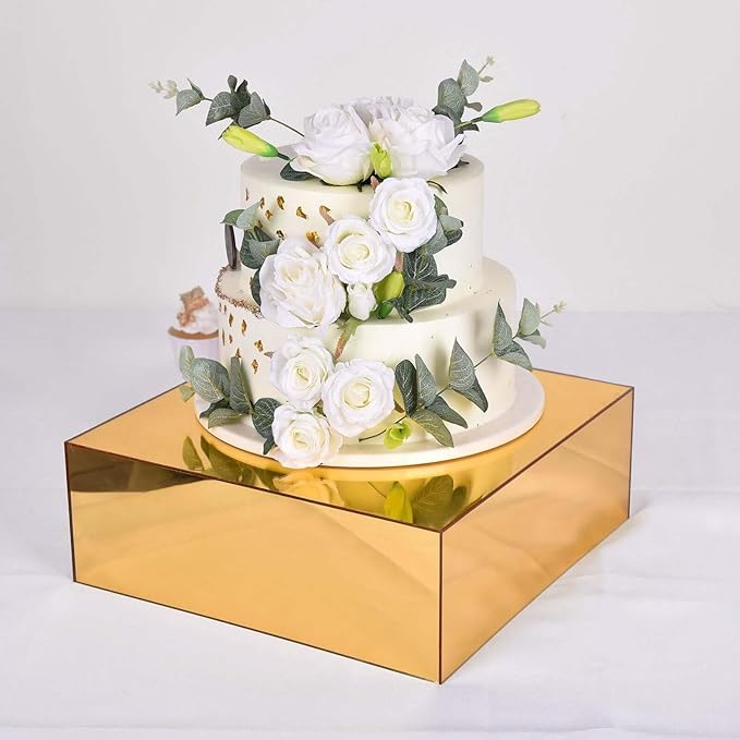 Efavormart 14"x14" Gold Acrylic Cake Box Stand, Mirror Finish Display Pedestal Riser with Hollow Bottom, Elegant Cake Support for Weddings, Galas, and Sophisticated Party Events
