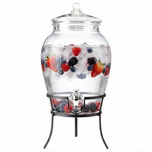 Style Setter Beverage Dispenser Cold Drink Dispenser Glass Jug, Metal Stand & Leak-Proof Acrylic Spigot Great for Parties, Weddings & More (With Metal Rack)