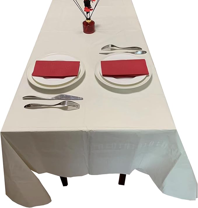 [6 Pack] Cream White Paper Tablecloth Disposable for Rectangle Tables, 54 X 108 Inch Party Table Cover with Plastic Backing, Waterproof 3 Ply Table Cloth for Graduation Wedding Event, New Pattern