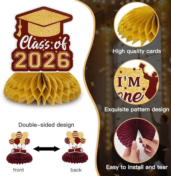 Graduation Decorations Class of 2026 Honeycomb Centerpieces, 9PCS Graduation Centerpieces for Tables, Congrats Grad Table Toppers for 2026 Law Nursing Police Doctoral Graduation Party Decor (Red Gold)