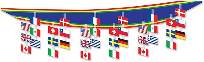 Beistle International Flag Ceiling Décor, Hanging Banner with World Flags, Global Party Decorations for Cultural Events Multicultural Festivals and International Celebrations, 12” x 12’