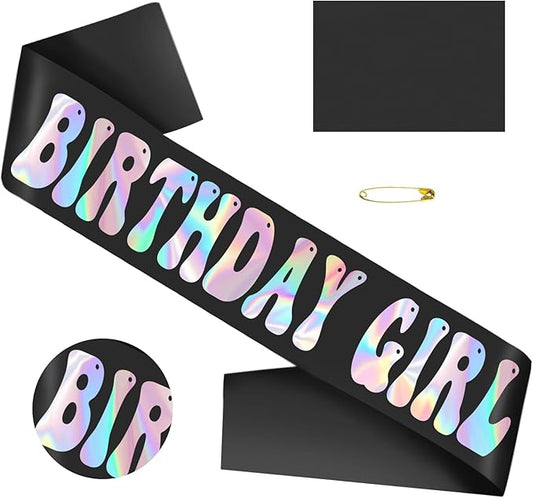 Birthday Girl Sash with Iridescent Foil - Black Birthday Sash for Women - Happy Birthday Sash for Official Teenager Sweet 16, 18th 21st 30th 40th 50th or Any Other Bday Party