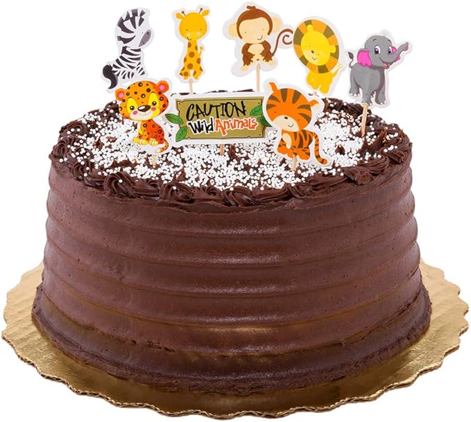 Restaurantware-3.5 x 2.5 Inch Safari Animal Cake Toppers, 24 Piece Assorted Jungle Cupcake Toppers - For Kids' Birthday Parties Or Baby Showers, Cake Decoration Supplies, Paper Zoo Cupcake Picks