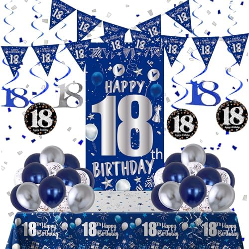 18th Birthday Decorations for Boys, Blue Silver 18 Year Old Party Decor