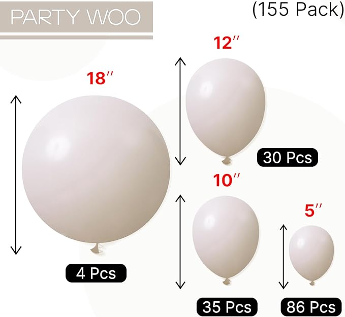 PartyWoo White Sand Balloons 155pcs Different Sizes of 18 12 10 5 Inch Off White Beige Cream Ivory Boho Neutral Balloon Arch Kit Garland for Wedding Baby Shower Birthday Party Decorations White-F12