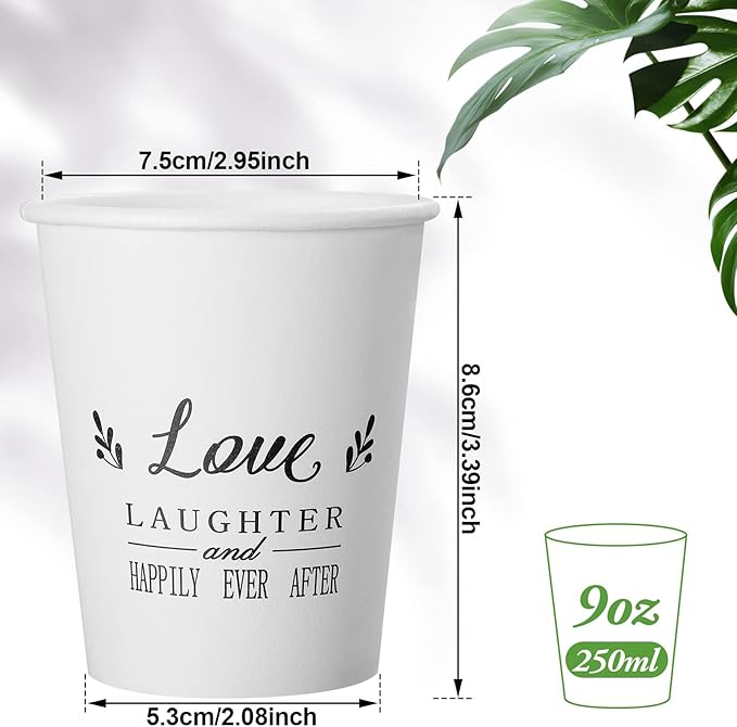 50 Pack Disposable Paper Coffee Cups for Wedding 9 oz Bridal Shower Reception Drinking Cups Happily Ever After Guests Love Tea Tumbler for Hot Drink Birthday Anniversary Celebration party tableware