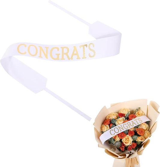 Set of 12 Bouquet Banner Grosgrain Ribbon Tie Wrap Printed Sash Florist Bulk Supply for Floral Arrangements (White - Congrats)