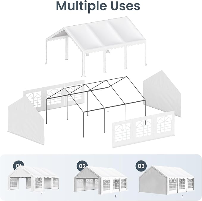 PHI VILLA 16x20 Outdoor Heavy Duty Party Tent, Large Party Canopy Wedding Event Tent with Removable Sidewalls & 3 Storage Bags for Patio Outdoor Garden Events, White