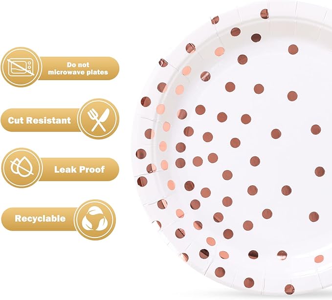 Rose Gold Paper Plates 100PCS,White and Rose Gold Dots Party Paper Plates,Disposable Dessert Plate Great for Birthday,Wedding,Bridal Showers,Cocktail Party,Anniversaries(7inch)