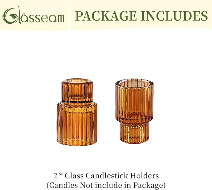 Glasseam Glass Tapered Candlestick Holders: Amber Ribbed Set of 2 for Table Centerpiece, Fall Decor, Christmas Party, Halloween, Thanksgiving