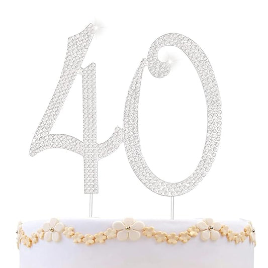40 Cake Topper 40th Anniversary Birthday Wedding Diamond Cake Topper for Women Bling Rhinestone Cake Decoration Party Supplies Keepsake, Silver