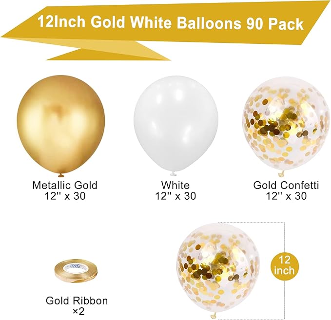90Pcs White and Gold Balloons Set, 12 Inch Gold and White Balloons, Gold Confetti Latex Balloons for Birthday Anniversary Wedding
