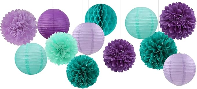 Teal-Purple Party-Decorations Paper Flowers Lanterns - 15PCS Lavender Girl Mermaid-Birthday Tissue Pom Poms Streamers,Baby Bridal Shower Wedding Classroom Hanging Supplies Decor Hugfond
