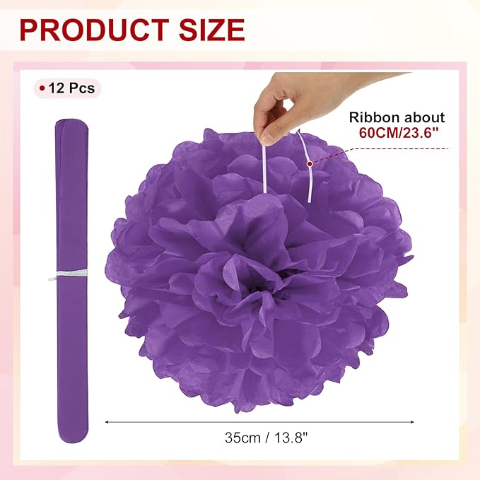 PATIKIL 14inch Tissue Paper Pom Poms, 12PCS Pom Poms Paper Flowers Ball Tissue Paper Flowers for Wedding Bridal Shower Birthday Bachelorette Party Backdrop Decoration, Dark Purple