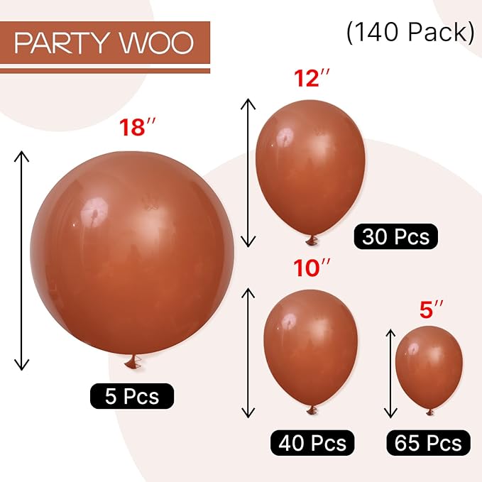 PartyWoo Dark Brown Balloons 140pcs Different Sizes of 18 12 10 5 Inch Boho Neutral Coffee Tan Balloon Arch Kit Garland for Birthday Boy Baby Shower Jungle Safari Fall Party Decorations Brown-F08