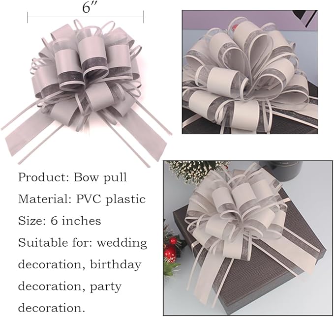 6 Pieces Large Pull Bows, Grey Bow for Gift, 6 inches,Ribbon Bow Gift Decorative Bows, Holiday Birthday Decorations Bow，Baskets Bow Wedding Decorations Bow(Grey)