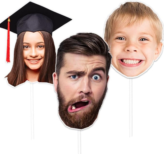Head Cutouts on a Stick, Custom Fat Face Head on a Stick with Photo Face Fan for Birthday Graduation Wedding Party(3 pcs-Different Photos)