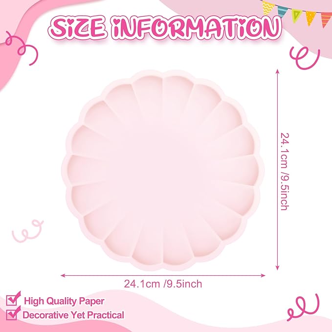 Newtay 30 Pcs Large Scalloped Paper Plates 9.5 Inch Shell Edge Disposable Dinner Plates for Birthday Wedding Baby Shower Party Decorations(Light Pink)