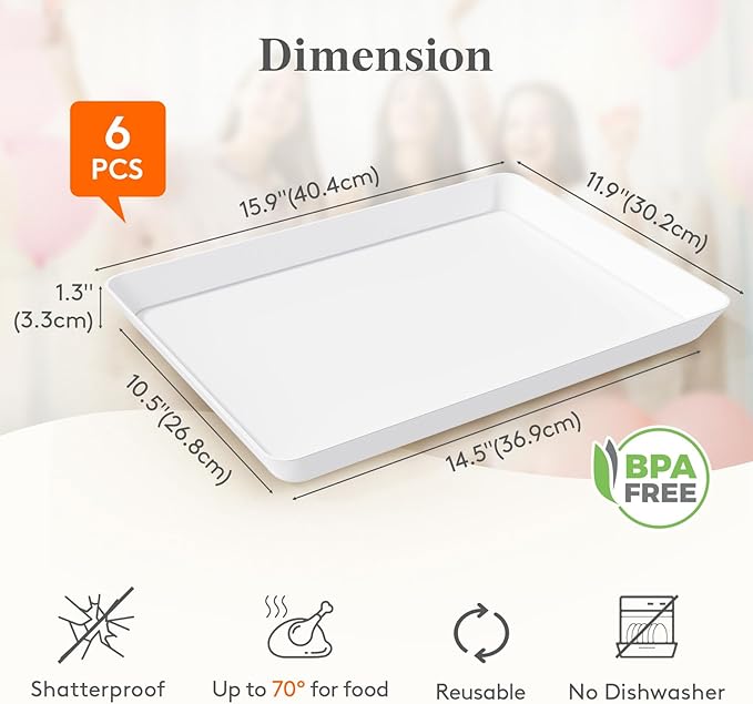 Lifewit Extra Large Plastic Serving Trays, 16" x 12" Reusable Food Serving Platters, White Catering Trays for Parties, Buffet, Snacks, Fruit, Appetizers & Charcuterie, BPA-Free, Set of 6