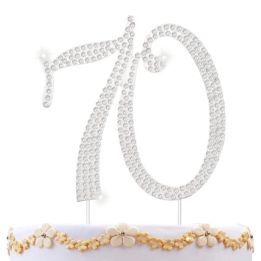 70 Cake Topper 70th Anniversary Birthday Wedding Diamond Cake Topper for Women 70 Bling Rhinestone Cake Decoration Party Supplies Keepsake, Silver