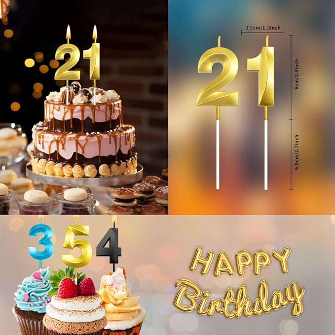 21th Birthday Candles Gold, 13 Candles, Happy 13th Birthday Candles, Gold Birthday Decorations for Boys, Number 21 Candles for Boys Girls