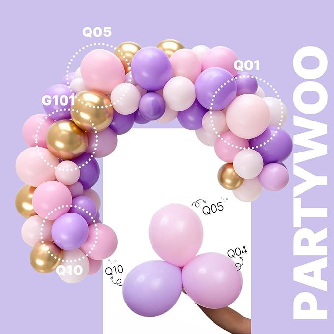 PartyWoo Pink Purple and Gold Balloons 66pcs 12 Inch Baby Pastel Light Pale Pink Purple Metallic Gold Balloons for Graduation Baby Shower Birthday Butterfly Anniversary Princess Party Decorations