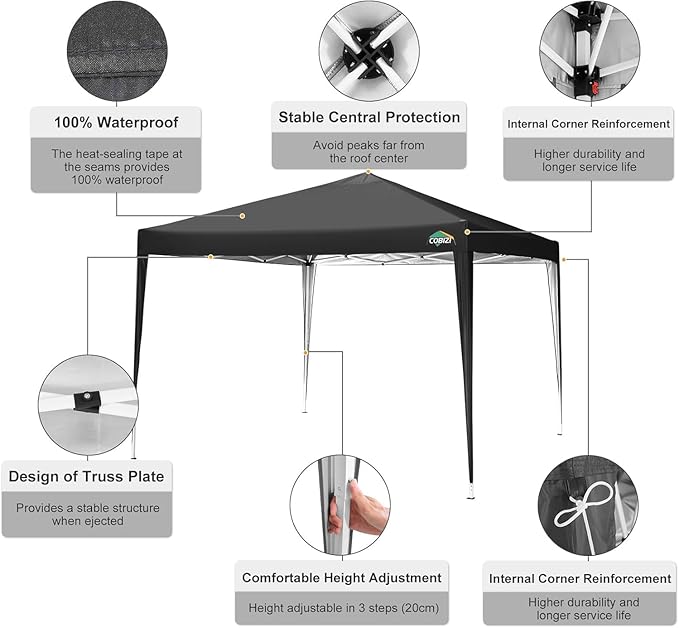 COBIZI 10x10 Ez Pop Up Canopy Tent, UPF 50+ Waterproof Outdoor Canopy, Instant Portable Camping Canopies Gazebo for Commercial Sun Shade Party Backyard with 4 Sandbags(Black)