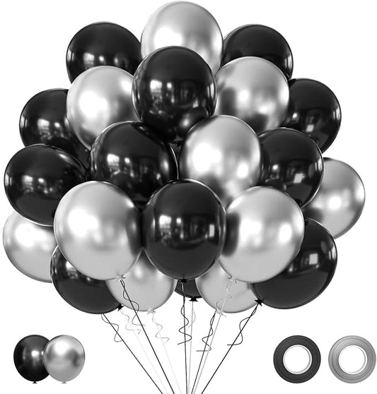 Black and Metallic Silver Balloons, 50PCS Black and Silver Balloons Party Decorations 12 Inch Black Silver Party Balloons for Birthday,Graduation,New Years,Wedding,Engagement Party Decorations