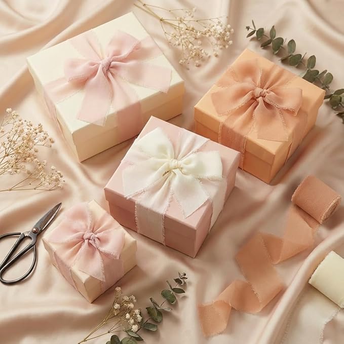 Frayed Edge Chiffon Ribbon 3 Pack, 1.5 Inch Wide Polyester Chiffon Ribbon, 21 Yards Total in Light Pink, Beige and Dark Snow Bud for Bouquet Wrapping, Wedding Decorations and Gift Packaging