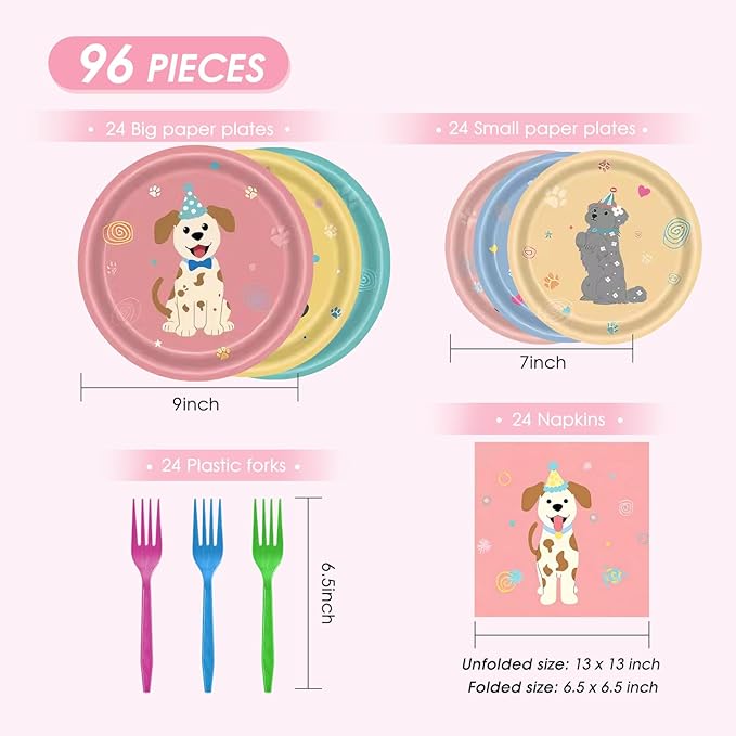 96Pcs Pet Dog Birthday Decorations, Retro Dog Birthday Party Supplies Puppy Themed Party Plates Napkins and Fork Disposable Dinnerware Set for Doggy Kids Birthday Baby Shower Table Decor, Serve 24