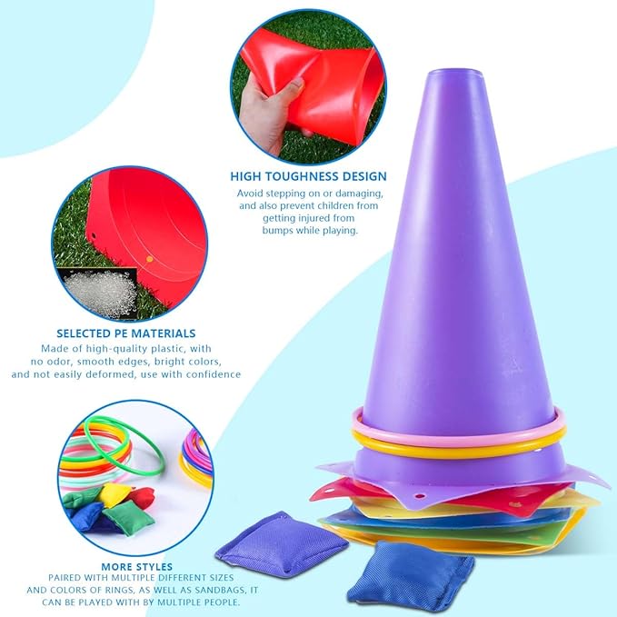 OBTANIM 26 Pcs Plastic Colorful Cones Ring Toss Combo Set Outdoor Carnival Games for Kids Adults Birthday Party Throwing Backyard Games