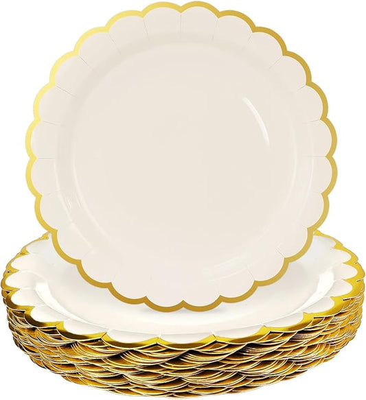 HEIPINIUYE 50 Pieces Ivory Paper Plates with Gold Foil 9 Inch Disposable Ivory Scalloped Dinner Plates for Wedding Baby Shower Birthday Party Dessert Plate