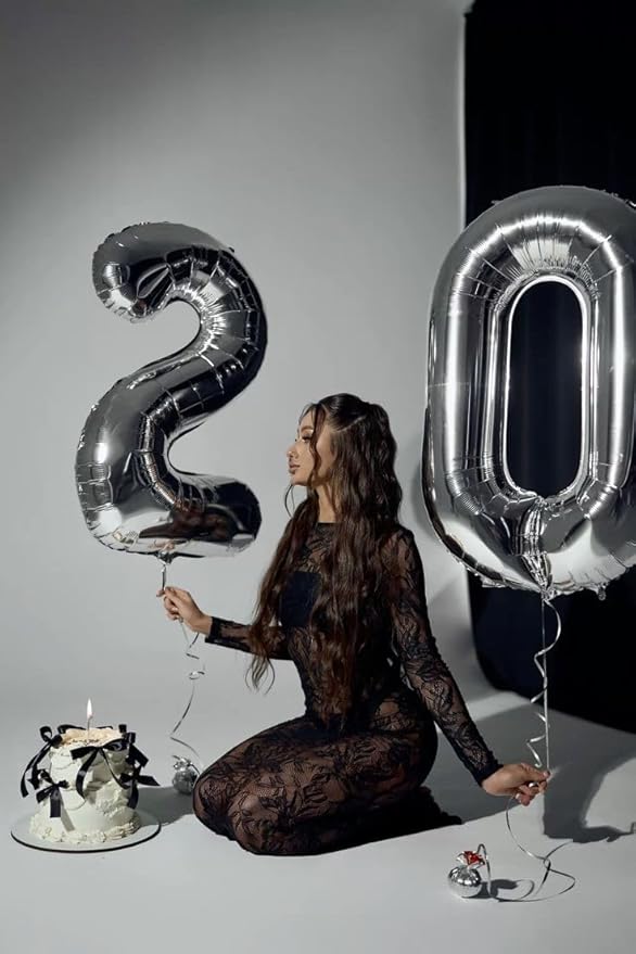 Number Balloon 30, 40 Inch Happy 30th Birthday Decoration for Her Him, Silver Foil Number Balloons for Celebration Engagement Memorial Day's Big Event Supplies