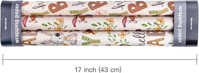 WRAPAHOLIC Kraft Baby Shower Wrapping Paper - Mini Roll - 3 Rolls - 17 Inch x 120 Inch - Little Woodland Animal Wrapping Paper for Baby Shower, Kids Girls Boys Birthday