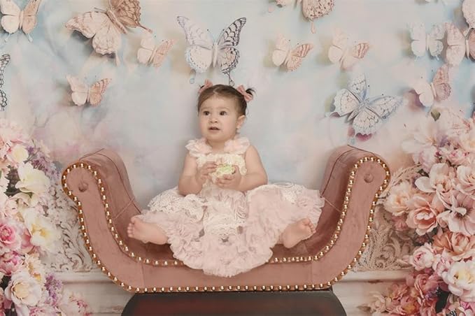 Kate Cake Smash Artistic Style Butterfly Wall Backdrop for Photography Pink Flowers Dreamworld Girls Birthday Party Background for Baby Shower (7x5ft)