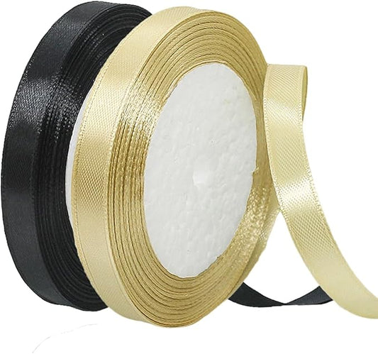 Gold Christmas Ribbon, Gold Black Satin Ribbon 3/8 Inch 50 Yards Fabric Ribbons for Christmas Party Decorations, Gift Wrapping, Tree Ornaments, Bouquets, Door Wreaths, Bows Making and DIY Crafts