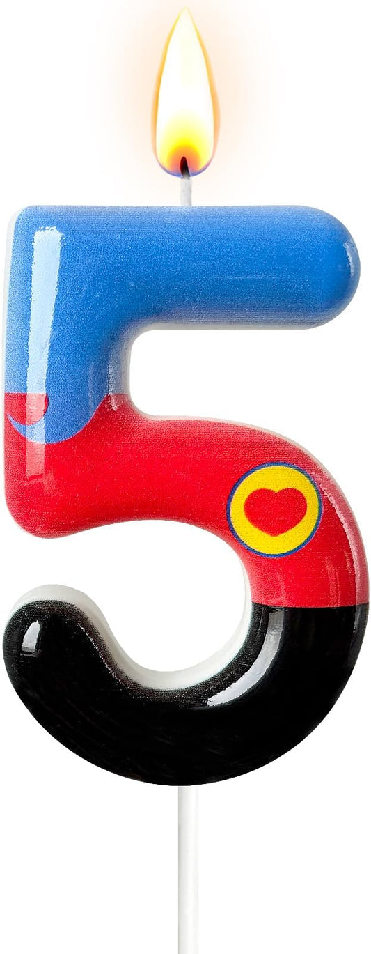Number 5 Birthday Candle for Cake – Red Blue Cartoon Hero Style with Heart Design – Cute Cake Topper for Birthday Party Decoration
