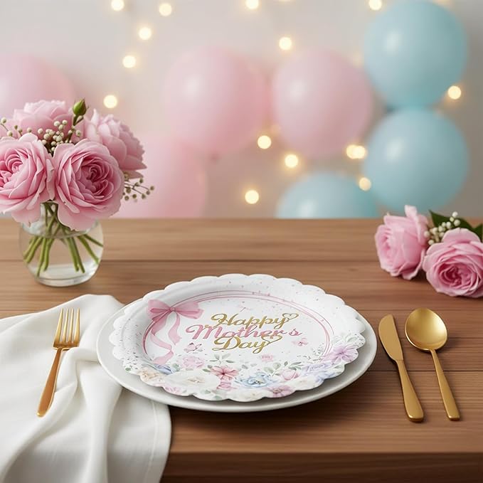 48 PCS Happy Mother's Day Paper Plates and Napkins Mothers Day Party Supplies Disposable Plates Napkins Tableware Set for Floral Theme Best Mom Mothers Birthday Party Family Dinner Table Decorations