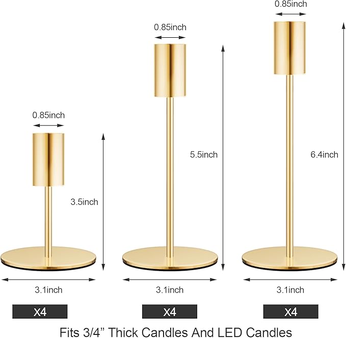 zeochyni Set of 12 French Gold Taper Candle Holders Bulk Candlestick Holders, Decor Candle Stick Candle Holder for Table or Mantel Centerpiece, Wedding, Dinning, Party Home Decor