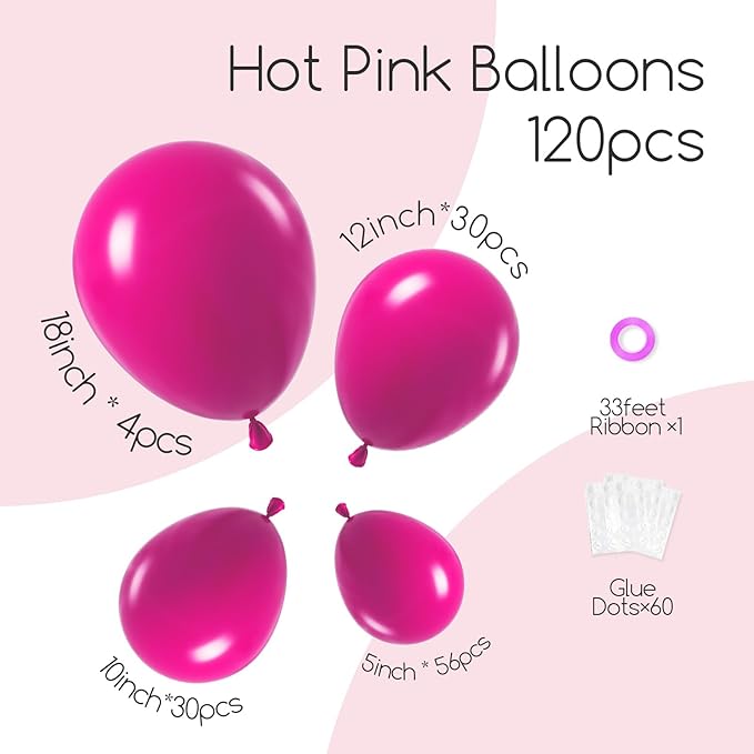 Awenztech 120pcs Hot Pink Balloon Arch Kit, 18 12 10 5 inch Hot Pink Latex Balloons Different Sizes Balloon Garland for Engagement Bridal Bachelorette Tropical Birthday Party Decorations