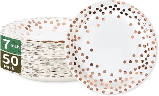 Rose Gold Dots Party Paper Plates, 50 PCS Disposable Party Supplies Dessert Paper Plates for Birthday,Wedding Birdal Christmas Baby Shower (7 inches)