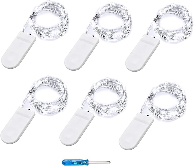 BXROIU Fairy Lights CR2032 Battery Operated,6.6Ft/2Meter 20 LEDs Micro Silver Wire String Lights for Bedroom Christmas Party Wedding Decoration (Cool White, 6 Pack)