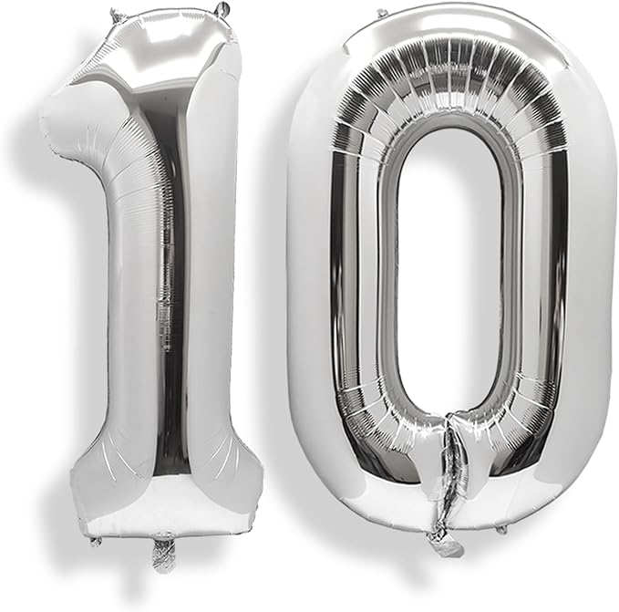 AULE 40 Inch Large 10 Balloon Numbers Silver, Big Foil Number Balloons, Giant Helium Happy 10th Birthday Party Decorations for Man and Women, Huge Mylar Anniversary Party Supplies