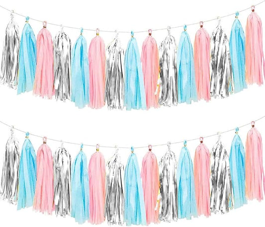 We Moment Gender Reveal Tissue Paper Tassel Banner for Wedding,Birthday,Baby Shower Party Decorations，DIY Kits，Pink，Blue，Silver，15PCS