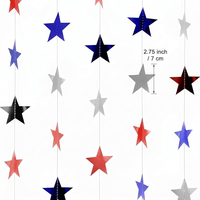 Patelai 130ft Glitter Star Garland, Red Silver Blue Patriotic Streamers Bunting Banner for 4th of July Independence Day Decorations, Memorial Veterans Day, 2026 Graduation Party Supplies