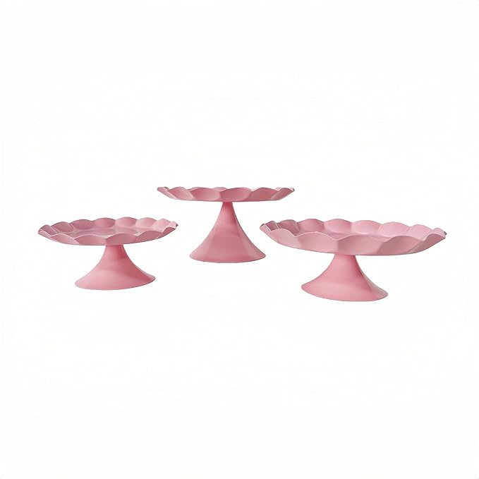 3 Pcs Metal Cake Stand Set, Scalloped Edge Cupcake Tray Dessert Display Platter, Decorative Serving Stand for Wedding, Birthday, Tea Party,Baby Show (Pink)