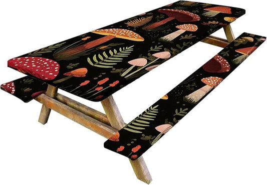 Whimsical Mushroom Picnic Table Cover with Bench Covers Set of 3-Colorful Fungi Fairy Tale Design,Elastic Fitted Tablecloth for 6 Ft Tables, Washable Polyester Cover for Camping, Indoor & Outdoor